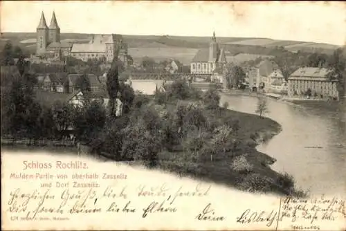 Ak Zaßnitz Rochlitz an der Mulde, Flusspartie, Flusspartie, Teilansicht vom Ort, Schloss, Kirche