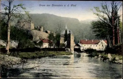 Ak Ehrenstein Asbach im Westerwald, Flusspartie mit Burg Ehrenstein