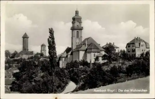 Ak Auerbach im Vogtland, die drei Wahrzeichen