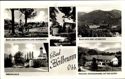 Ak Bad Heilbrunn in Oberbayern, Adelheidquelle, Wandelhalle, Kronschnabel, Alpen, Herzogstand