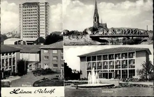 Ak Lünen in Nordrhein Westfalen, Marienkirche, Rathaus, Stadtbad