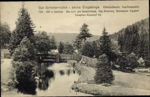 Ak Kipsdorf Altenberg im Erzgebirge, Gut Schellermühle, Uferpartie, Schwimmbad