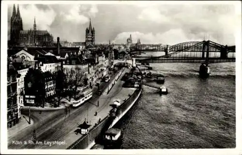 Ak Köln am Rhein, Teilansicht, Leystapel, Brücke, Straßenbahn