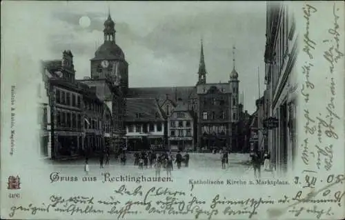 Mondschein Ak Recklinghausen im Ruhrgebiet, Katholische Kirche u. Marktplatz