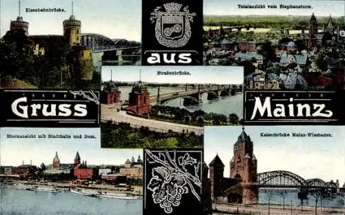 Ak Mainz am Rhein, Totalansicht, Kaiserbrücke, Stadthalle, Dom, Straßenbrücke