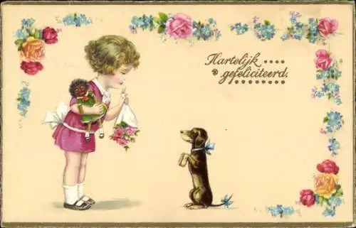 Ak Glückwunsch Geburtstag, Mädchen mit Blumenund Puppe, Hund, Dackel