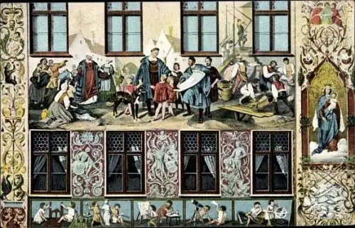 Ak Augsburg in Schwaben, Fuggerhaus, Fresko Gründung der Fuggerei 1517