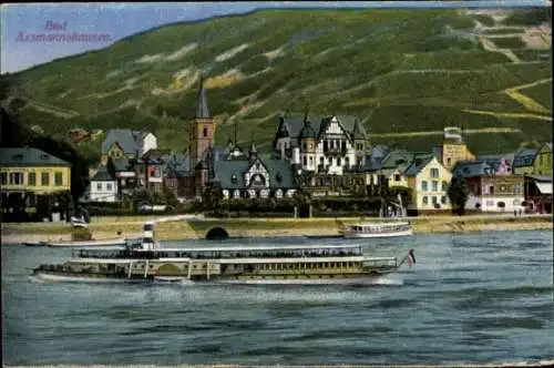 Ak Assmannshausen Rüdesheim am Rhein, Teilansicht, Schiff