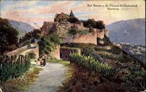 Künstler Ak Bad Münster am Stein, Ebernburg, Blick auf die Burg, Ruine, WIRO 2062