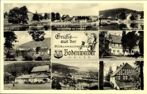 Ak Bodenwerder in Niedersachsen, Wappen, Hotel zum Anker, Dampferanleger am Strandhotel, Solbad