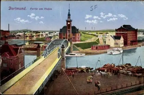 Ak Dortmund im Ruhrgebiet, Hafen, Brücke, Kirche