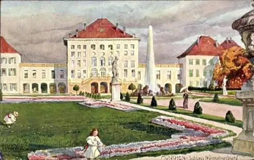 Künstler Ak Wagner, Richard, München Bayern, Schloss Nymphenburg, Kind mit Reifen, Aquarell