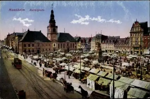 Ak Mannheim in Baden, Marktplatz mit Rathaus, Straßenbahn