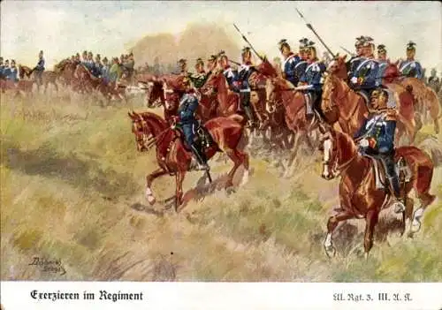 Künstler Ak Döbrich Steglitz, Exerzieren im Regiment, Ulanen Regiment 3