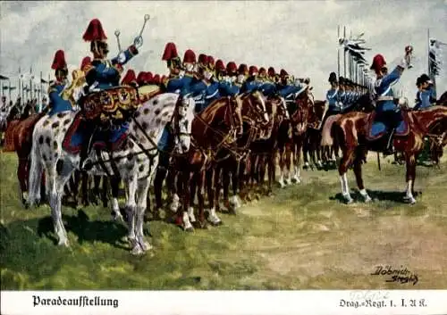 Künstler Ak Döbrich Steglitz, Paradeaufstellung, Dragoner Regiment 1 I. A.K.