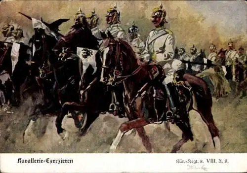 Künstler Ak Döbrich Steglitz, Kavallerie Exerzieren, Kürassier Regiment 8