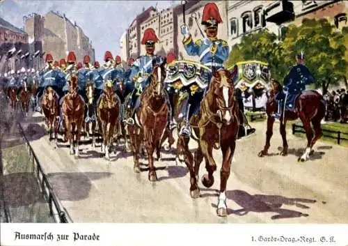 Künstler Ak Döbrich Steglitz, 1. Garde Dragoner Regiment, Ausmarsch zur Parade