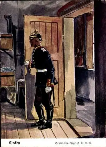 Künstler Ak Döbrich-Steglitz, Wecken, Deutscher Soldat, Grenadier-Regiment 9