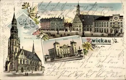 Litho Zwickau in Sachsen, Marienkirche, Bahnhof, Hauptmarkt