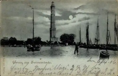 Mondschein Ak Świnoujście Swinemünde Pommern, Leuchtturm, Boote