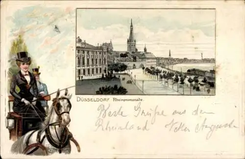 Passepartout Litho Düsseldorf am Rhein, Rheinpromenade
