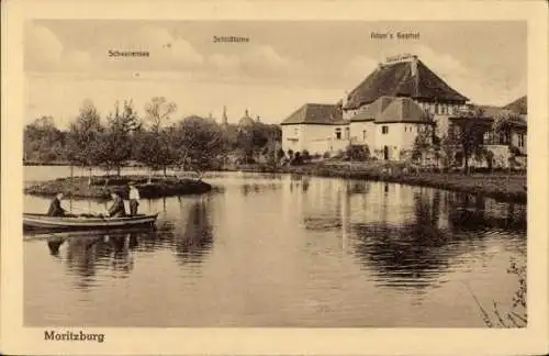 Ak Moritzburg in Sachsen, Schwanensee, Schlosstürme, Adam´s Gasthof, Boot