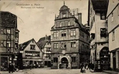 Ak Gemünden am Main Unterfranken, Marktplatz mit Rathaus