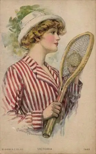 Künstler Ak Underwood, Clarence, Victoria, Frauenportrait, Tennisschläger