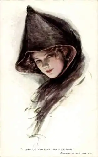 Künstler Ak Fisher, Harrison, And yet her eyes can look wise, Frauenportrait