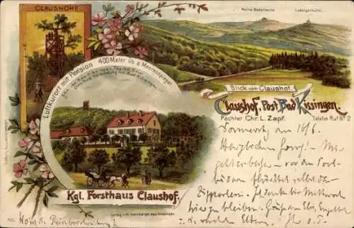 Litho Klaushof Bad Kissingen Unterfranken Bayern, Kgl. Forsthaus Klaushof, Klaushöhe, Ludwigsturm