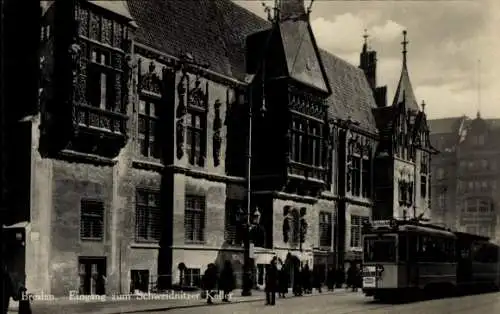 Ak Wrocław Breslau Schlesien, Eingang zum Schweidnitzer Keller, Straßenbahn Nr. 5