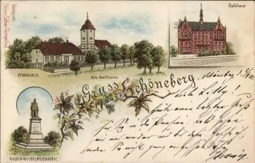 Litho Berlin Schöneberg, Rathaus, Pfarrhaus, Alte Dorfkirche, Kaiser Wilhelm Denkmal