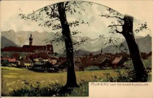 Künstler Litho Moser, P., Murnau am Staffelsee in Oberbayern, Blick vom Griesbräukeller