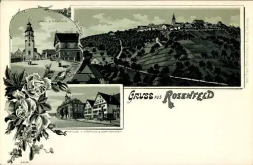 Litho Rosenfeld im Zollernalbkreis, Kirche, Forsthaus, Rathaus, Apotheke, Marktbrunnen, Panorama