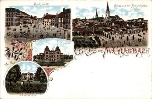 Litho Mönchengladbach am Niederrhein, Marktplatz, Münsterkirche, Kaiserbad, Kaiserpark