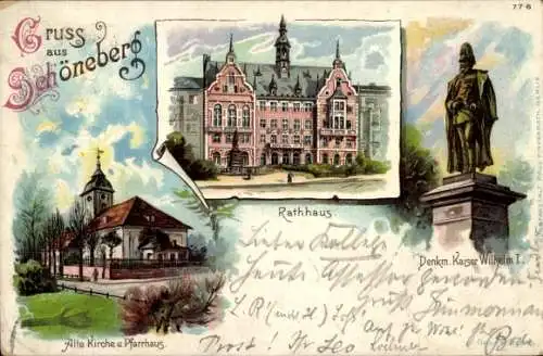 Litho Berlin Schöneberg, Apostel Pauluskirche, Rathaus, Denkmal Kaiser Wilhelm I