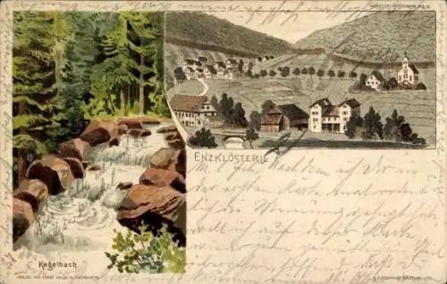 Litho Enzklösterle im Schwarzwald, Teilansicht, Kegelbach