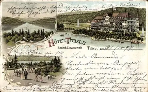 Litho Titisee Neustadt im Breisgau Schwarzwald, Hotel Titisee, Panorama, Gartenansicht