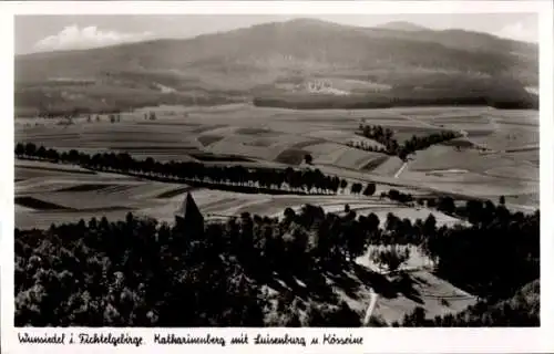 Ak Wunsiedel im Fichtelgebirge Oberfranken, Fliegeraufnahme Katharinenberg, Luisenburg, Kösseine