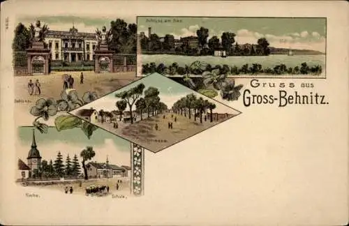 Litho Groß Behnitz Nauen im Havelland, Schloss, See, Straße, Kirche, Schule