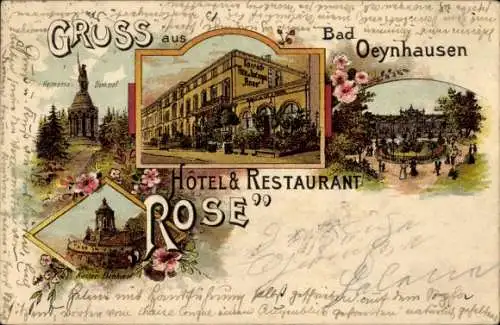 Litho Bad Oeynhausen in Westfalen, Hotel und Restaurant Rose, Kaiser-Denkmal