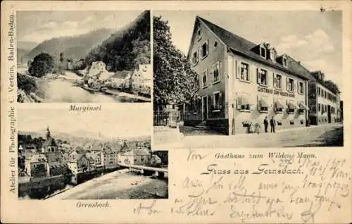 Ak Gernsbach im Murgtal Schwarzwald, Gasthaus zum Wilden Mann, Murginsel