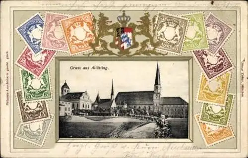 Präge Briefmarken Ak Altötting in Oberbayern, Teilansicht, Kirche