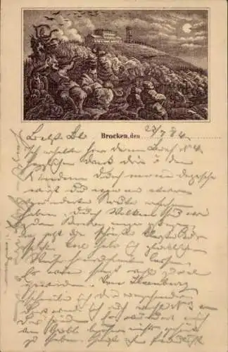 Vorläufer Litho Brocken im Harz, Brockenturm, Brockenhotel, Teufel, 1884