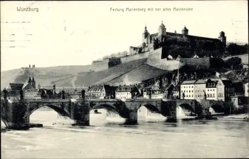 Ak Würzburg am Main Unterfranken, Festung Marienberg, alte Mainbrücke