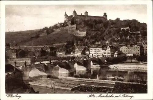 Ak Würzburg am Main Unterfranken, Alte Mainbrücke, Festung