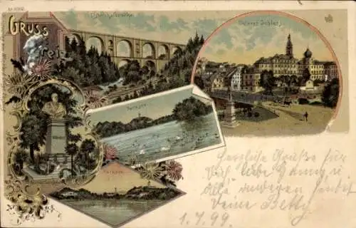 Litho Greiz im Vogtland Thüringen, Parksee, Unteres Schloss, Elstertalbrücke, Denkmal