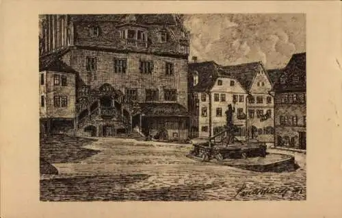 Künstler Ak Pößneck in Thüringen, Marktplatz, Rathaus, Brunnen