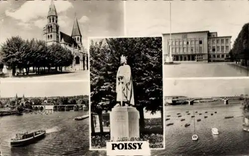 Ak Poissy Yvelines, Kirche, Rathaus, alte und neue Brücke, Statue Saint Louis