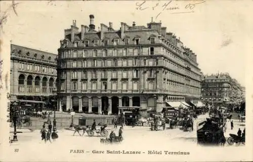 Ak Paris VIII., Gare Saint Lazare, Bahnhof, Hotel Terminus, Straßenpartie